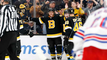BOSTON, MA - NOVEMBER 29: Boston Bruins right wing David Pastrnak (88) celebrates tying the game at 2-2 during a game between the Boston Bruins and the New York Rangers on November 29, 2019, at TD Garden in Boston, Massachusetts. (Photo by Fred Kfoury III/Icon Sportswire via Getty Images)