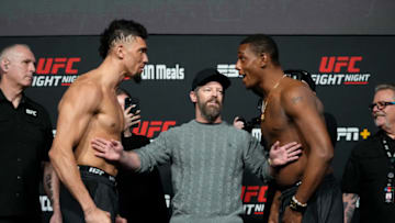 LAS VEGAS, NEVADA - FEBRUARY 18: (L-R) Johnny Walker of Brazil and Jamahal Hill face off during the UFC Fight Night weigh-in at UFC APEX on February 18, 2022 in Las Vegas, Nevada. (Photo by Jeff Bottari/Zuffa LLC)