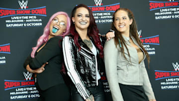 MELBOURNE, AUSTRALIA - OCTOBER 04: Riott Squad pose for photos during a WWE Downunder media opportunity at Crown Entertainment Complex on October 4, 2018 in Melbourne, Australia. (Photo by Robert Prezioso/Getty Images)