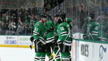 DALLAS, TX - OCTOBER 29: Tyler Seguin #91, Alexander Radulov #47, Joe Pavelski #16 and the Dallas Stars celebrate a goal against the Minnesota Wild at the American Airlines Center on October 29, 2019 in Dallas, Texas. (Photo by Glenn James/NHLI via Getty Images)