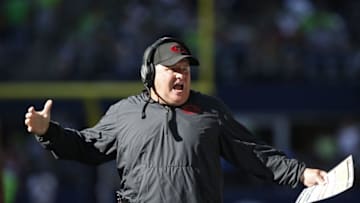 Sep 25, 2016; Seattle, WA, USA; San Francisco 49ers head coach Chip Kelly reacts to a play against the Seattle Seahawks during the fourth quarter at CenturyLink Field. Seattle defeated San Francisco 37-18. Mandatory Credit: Joe Nicholson-USA TODAY Sports