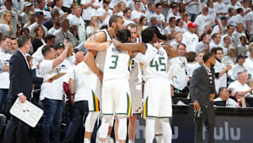 SALT LAKE CITY, UT - APRIL 23: the Utah Jazz huddle prior to Game Four of Round One of the 2018 NBA Playoffs against the Oklahoma City Thunder on April 23, 2018 at vivint.SmartHome Arena in Salt Lake City, Utah. NOTE TO USER: User expressly acknowledges and agrees that, by downloading and or using this Photograph, User is consenting to the terms and conditions of the Getty Images License Agreement. Mandatory Copyright Notice: Copyright 2018 NBAE (Photo by Melissa Majchrzak/NBAE via Getty Images)