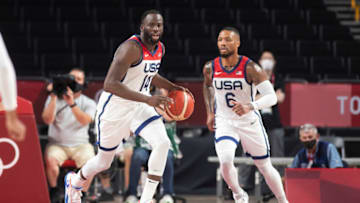 TOKYO, JAPAN August 5: Draymond Green #14 of Team United States and Damian Lillard #6 of Team United States in action during the Australia V USA semi final basketball match for men at the Saitama Super Arena during the Tokyo 2020 Summer Olympic Games on August 5, 2021 in Tokyo, Japan. (Photo by Tim Clayton/Corbis via Getty Images)