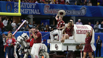 Dec 28, 2019; Atlanta, Georgia, USA; The Sooner Schooner takes the field before the 2019 Peach Bowl college football playoff semifinal game between the LSU Tigers and the Oklahoma Sooners. Mandatory Credit: Brett Davis-USA TODAY Sports