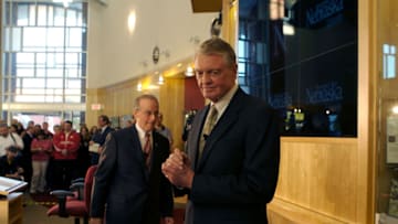 Oct 16, 2007; Lincoln, NE, USA; Nebraska Cornhuskers former football coach Tom Osborne finishes addressing the media at the Van Brunt Visitors Center during a press conference where Chancellor Harvey Perlman (left) introduced Osborne as the interim athletic director. Perlman on Monday, Oct. 15 fired athletic director Steve Pederson. Osborne coached the Cornhuskers from 1972 to 1997, winning three national championships in his final four years. Mandatory Credit: Bruce Thorson, USA TODAY Sports