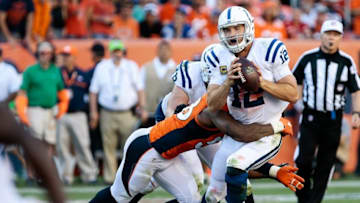 Sep 18, 2016; Denver, CO, USA; Indianapolis Colts quarterback Andrew Luck (12) is sacked by Denver Broncos outside linebacker Von Miller (58) in the fourth quarter at Sports Authority Field at Mile High. The Broncos won 34-20. Mandatory Credit: Isaiah J. Downing-USA TODAY Sports