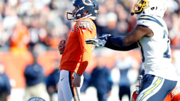 CHICAGO, ILLINOIS - OCTOBER 27: Eddy Pineiro #15 of the Chicago Bears reacts after missing a filed goal late in the fourth quarter against the Los Angeles Chargers at Soldier Field on October 27, 2019 in Chicago, Illinois. (Photo by Nuccio DiNuzzo/Getty Images)