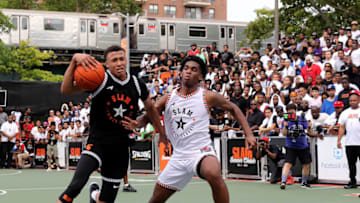 NEW YORK, NY - AUGUST 18: RJ Hamption #5 of Team Ramsey drives to the net as Josh Christopher #3 of Team Stanley defends during the SLAM Summer Classic 2018 at Dyckman Park on August 18, 2018 in New York City. (Photo by Elsa/Getty Images)