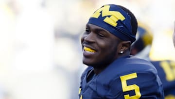 Apr 1, 2016; Ann Arbor, MI, USA; Michigan Wolverines saftey Jabrill Peppers (5) smiles during warm ups before the Spring Game at Michigan Stadium. Mandatory Credit: Rick Osentoski-USA TODAY Sports