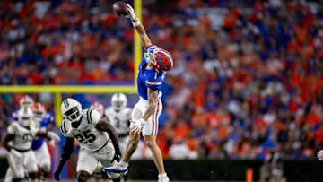 Florida Gators wide receiver Ricky Pearsall (1) makes a one-handed catch for a first down during the first half against the Charlotte 49ers at Steve Spurrier Field at Ben Hill Griffin Stadium in Gainesville, FL on Saturday, September 23, 2023. [Matt Pendleton/Gainesville Sun]
