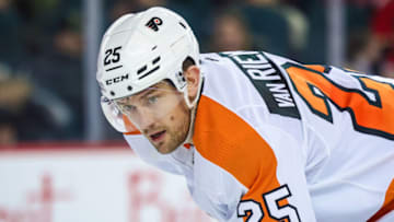 Feb 20, 2023; Calgary, Alberta, CAN; Philadelphia Flyers left wing James van Riemsdyk (25) during the face off against the Calgary Flames during the third period at Scotiabank Saddledome. Mandatory Credit: Sergei Belski-USA TODAY Sports