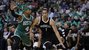 Oct 26, 2016; Boston, MA, USA; Brooklyn Nets guard Jeremy Lin (7) drives the ball against Boston Celtics guard Isaiah Thomas (4) in the second half at TD Garden. The Celtics defeated the Brooklyn Nets 122-117. Mandatory Credit: David Butler II-USA TODAY Sports