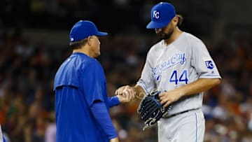 Jul 15, 2016; Detroit, MI, USA; Kansas City Royals manager Ned Yost (3) takes the ball to relieve relief pitcher Luke Hochevar (44) in the seventh inning against the Detroit Tigers at Comerica Park. Mandatory Credit: Rick Osentoski-USA TODAY Sports