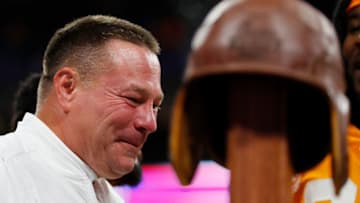 ATLANTA, GA - SEPTEMBER 04: Head coach Butch Jones of the Tennessee Volunteers reacts after their 42-41 win over the Georgia Tech Yellow Jackets in double overtime at Mercedes-Benz Stadium on September 4, 2017 in Atlanta, Georgia. (Photo by Kevin C. Cox/Getty Images)