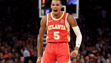 Nov 2, 2022; New York, New York, USA; Atlanta Hawks guard Dejounte Murray (5) reacts after a three point shot against the New York Knicks during the second quarter at Madison Square Garden. Mandatory Credit: Brad Penner-USA TODAY Sports