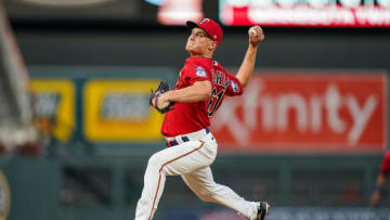 Former St. John's baseball standout Cody Stashak pitching for the Minnesota Twins. (Photo by Brace Hemmelgarn/Minnesota Twins/Getty Images)
