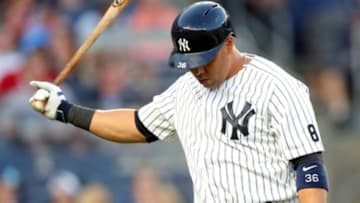 Jul 15, 2016; Bronx, NY, USA; New York Yankees right fielder Carlos Beltran (36) reacts after striking out to end the fourth inning against the Boston Red Sox at Yankee Stadium. Mandatory Credit: Brad Penner-USA TODAY Sports