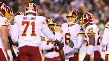 PHILADELPHIA, PA - DECEMBER 03: Quarterback Mark Sanchez #6 of the Washington Redskins enters the huddle as they take on the Philadelphia Eagles during the second quarter at Lincoln Financial Field on December 3, 2018 in Philadelphia, Pennsylvania. (Photo by Mitchell Leff/Getty Images)