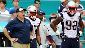Jan 3, 2016; Miami Gardens, FL, USA; New England Patriots head coach Bill Belichick looks on from the sideline during the second half against the Miami Dolphins at Sun Life Stadium. The Dolphins won 20-10. Mandatory Credit: Steve Mitchell-USA TODAY Sports