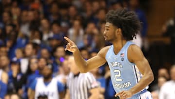 DURHAM, NORTH CAROLINA - FEBRUARY 20: Coby White #2 of the North Carolina Tar Heels reacts after a play against the Duke Blue Devils during their game at Cameron Indoor Stadium on February 20, 2019 in Durham, North Carolina. (Photo by Streeter Lecka/Getty Images)