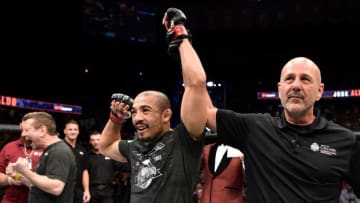 CALGARY, AB - JULY 28: Jose Aldo of Brazil celebrates after his TKO victory over Jeremy Stephens in their featherweight bout during the UFC Fight Night event at Scotiabank Saddledome on July 28, 2018 in Calgary, Alberta, Canada. (Photo by Jeff Bottari/Zuffa LLC/Zuffa LLC via Getty Images)