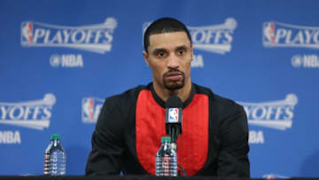 SALT LAKE CITY, UT - APRIL 21: George Hill #3 of the Utah Jazz talks to the media during a press conference after Game Six of the Western Conference Quarterfinals against the LA Clippers during the 2017 NBA Playoffs on April 21, 2017 at vivint.SmartHome Arena in Salt Lake City, Utah. Copyright 2017 NBAE (Photo by Melissa Majchrzak/NBAE via Getty Images)
