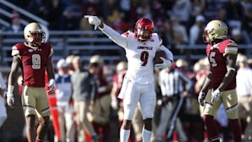 Nov 5, 2016; Boston, MA, USA; Louisville Cardinals wide receiver Jaylen Smith (9) celebrates after a reception for a first down during the fourth quarter against the Boston College Eagles at Alumni Stadium. The Louisville Cardinals won 52-7. Mandatory Credit: Greg M. Cooper-USA TODAY Sports