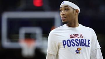 NEW ORLEANS, LOUISIANA - APRIL 02: Dajuan Harris Jr. #3 of the Kansas Jayhawks looks on during warmups before the game against the Villanova Wildcats during the 2022 NCAA Men's Basketball Tournament Final Four semifinal at Caesars Superdome on April 02, 2022 in New Orleans, Louisiana. (Photo by Tom Pennington/Getty Images)