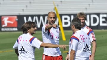 Aug 3, 2014; Portland, OR, USA; Bayern Munich coach Pep Guardiola directs plays during Bayern Munich training in preparation for the 2014 MLS All Star Game at University of Portland Merlo Field. Mandatory Credit: Susan Ragan-USA TODAY Sports