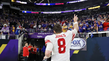 Jan 15, 2023; Minneapolis, Minnesota, USA; New York Giants quarterback Daniel Jones (8) reacts after winning a wild card game against the Minnesota Vikings at U.S. Bank Stadium. Mandatory Credit: Matt Krohn-USA TODAY Sports