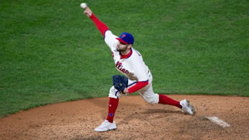 PHILADELPHIA, PA - SEPTEMBER 19: David Phelps #31 of the Philadelphia Phillies throws a pitch in the top of the eighth inning against the Toronto Blue Jays at Citizens Bank Park on September 19, 2020 in Philadelphia, Pennsylvania. The Phillies defeated the Blue Jays 3-1. (Photo by Mitchell Leff/Getty Images)
