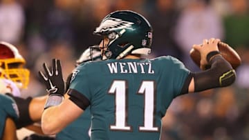 PHILADELPHIA, PA - DECEMBER 03: Quarterback Carson Wentz #11 of the Philadelphia Eagles throws a first-down pass against the Washington Redskins in the first quarter at Lincoln Financial Field on December 3, 2018 in Philadelphia, Pennsylvania. (Photo by Mitchell Leff/Getty Images)