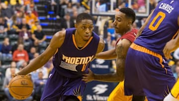 Nov 18, 2016; Indianapolis, IN, USA; Phoenix Suns guard Brandon Knight (11) dribbles the ball as Indiana Pacers guard Jeff Teague (44) defends in the second half of the game at Bankers Life Fieldhouse. The Suns won 116-96. Mandatory Credit: Trevor Ruszkowski-USA TODAY Sports