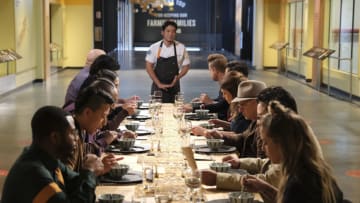 TOP CHEF -- "The Cheesier The Better" Episode 1812 -- Pictured: (l-r) Kwame Onwuachi, Melissa King, Shota Nakajima, Richard Blais, Gail Simmons, Tom Colicchio, Dale Talde, Brooke Williamson -- (Photo by: David Moir/Bravo)