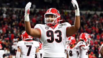 INDIANAPOLIS, INDIANA - JANUARY 10: Tyrion Ingram-Dawkins #93 of the Georgia Bulldogs warms up prior to a game against the Alabama Crimson Tide in the 2022 CFP National Championship Game at Lucas Oil Stadium on January 10, 2022 in Indianapolis, Indiana. (Photo by Emilee Chinn/Getty Images)