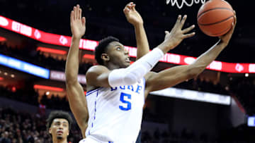 LOUISVILLE, KENTUCKY - FEBRUARY 12: RJ Barrett #5 of the Duke Blue Devils shoots the ball against the Louisville Cardinals at KFC YUM! Center on February 12, 2019 in Louisville, Kentucky. (Photo by Andy Lyons/Getty Images)