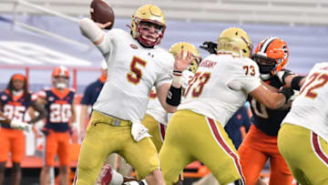 Nov 7, 2020; Syracuse, New York, USA; Boston College Eagles quarterback Phil Jurkovec (5) throws a pass in the second quarter against the Syracuse Orange at the Carrier Dome. Mandatory Credit: Mark Konezny-USA TODAY Sports