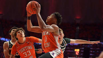 Jan 13, 2023; Champaign, Illinois, USA; Illinois Fighting Illini guard Terrence Shannon Jr. (0) drives to the basket during the first half against the Michigan State Spartans at State Farm Center. Mandatory Credit: Ron Johnson-USA TODAY Sports