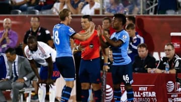Jul 29, 2015; Denver, CO, USA; Tottenham Hotspur forward Harry Kane (18) is subbed out for forward Shaq Coulthirst (46) in the second half of the 2015 MLS All Star Game at Dick