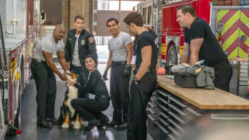 9-1-1: LONE STAR: L-R: Brian Michael Smith, Rob Lowe, Natacha Karam, Julian Works, Ronen Rubinstein and Jim Parrack in the Monster Inside episode of 9-1-1: LONE STAR airing Monday, March 2 (8:00-9:01 PM ET/PT) on FOX. ©2020 Fox Media LLC. CR: Jack Zeman/FOX.