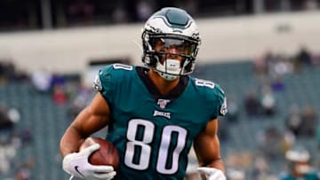 PHILADELPHIA, PA - NOVEMBER 17: Jordan Matthews #80 of the Philadelphia Eagles warms up before the game against the New England Patriots at Lincoln Financial Field on November 17, 2019 in Philadelphia, Pennsylvania. (Photo by Corey Perrine/Getty Images)