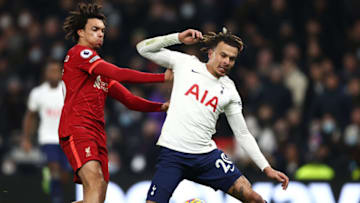 LONDON, ENGLAND - DECEMBER 19: Dele Alli of Tottenham Hotspur is challenged by Trent Alexander-Arnold of Liverpool during the Premier League match between Tottenham Hotspur and Liverpool at Tottenham Hotspur Stadium on December 19, 2021 in London, England. (Photo by Julian Finney/Getty Images)