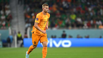 Bayern Munich defender Matthijs de Ligt in action for Netherlands against Senegal at World Cup 2022. (Photo by Claudio Villa/Getty Images)