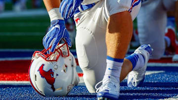 Sep 17, 2016; Dallas, TX, USA; The Southern Methodist Mustangs helmet prior to a game against the Liberty Flames at Gerald J. Ford Stadium. SMU won 29-14. Mandatory Credit: Ray Carlin-USA TODAY Sports
