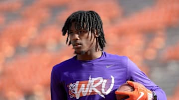 CLEMSON, SOUTH CAROLINA - NOVEMBER 16: Tee Higgins #5 of the Clemson Tigers warms up before their game against the Wake Forest Demon Deacons at Memorial Stadium on November 16, 2019 in Clemson, South Carolina. (Photo by Streeter Lecka/Getty Images)