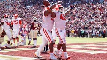 TALLAHASSEE, FL - OCTOBER 27: Christian Wilkins #42 of the Clemson Tigers reacts after rushing for a one-yard touchdown in the second quarter of the game against the Florida State Seminoles at Doak Campbell Stadium on October 27, 2018 in Tallahassee, Florida. (Photo by Joe Robbins/Getty Images)
