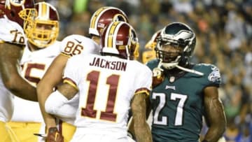 Dec 26, 2015; Philadelphia, PA, USA; Philadelphia Eagles free safety Malcolm Jenkins (27) speaks to Washington Redskins tight end Jordan Reed (86) and wide receiver DeSean Jackson (11) after Reed scored a touchdown during the first quarter at Lincoln Financial Field. Mandatory Credit: Eric Hartline-USA TODAY Sports