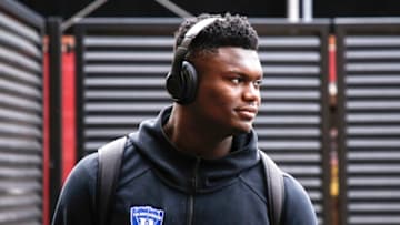 Former Duke basketball star Zion Williamson arrives to the arena. (Photo by Don Juan Moore/Getty Images)