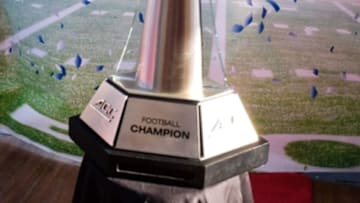 Dec 5, 2015; Charlotte, NC, USA; ACC Championship Trophy on display prior to the start of the ACC football championship game between the Clemson Tigers and the North Carolina Tar Heels at Bank of America Stadium. Mandatory Credit: Jim Dedmon-USA TODAY Sports