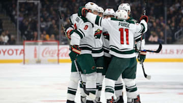 LOS ANGELES, CA - APRIL 05: Zach Parise #11 and Mikko Koivu #9celebrate after a goal by Nino Niederreiter #22 of the Minnesota Wild during the first period of a game against the Los Angeles Kings at Staples Center on April 5, 2018 in Los Angeles, California. (Photo by Sean M. Haffey/Getty Images)